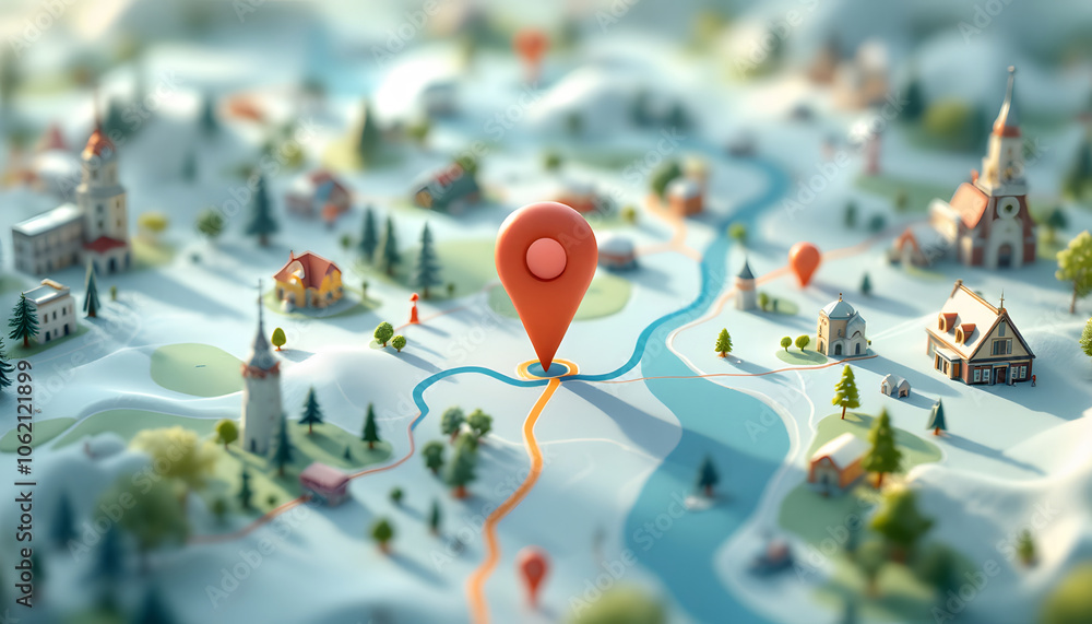 Poster high-tech digital map with glowing location pin and network connections, network lines, symbolizing 