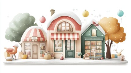 A charming illustration of colorful houses adorned with snow, trees, and festive decorations, creating a whimsical winter scene.