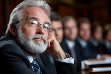 Lawyers at a table with documents and a jury in the background, capturing the collaborative and structured environment of a courtroom, symbolizing clarity and procedure