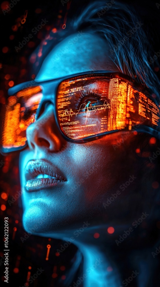 Poster innovative futurism a woman envisioning advanced technology through smart glasses with data visualiz