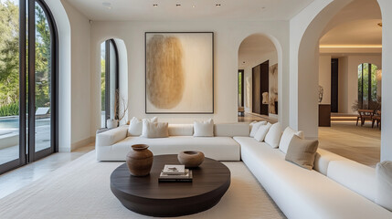 Modern Luxury Living Room With Large Abstract Art Minimalistic Design and Neutral Color Palette