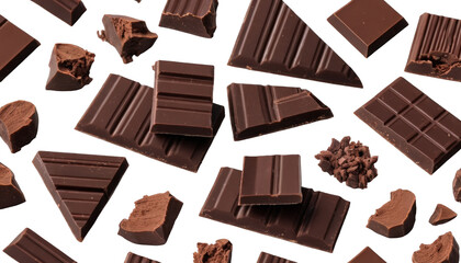 Dark chocolate pieces isolated on a transparent background, showcasing their rich, velvety texture and deep, luscious color.