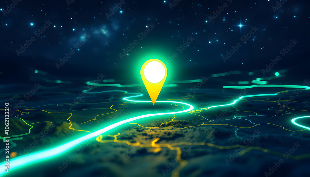 Poster high-tech digital map with glowing location pin and network connections, network lines, symbolizing 