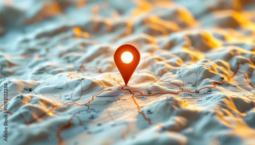 Poster high-tech digital map with glowing location pin and network connections, network lines, symbolizing 