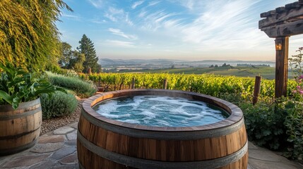 Fototapeta premium Wooden keg hot tub with scenic vineyard view, set for a peaceful and luxurious outdoor bath experience