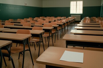 Serene Classroom Setup with Blank Paper on Desk, Educational Environment with Warm Color Palette and Soft Lighting, Symmetrical Rows of Desks and Chairs, Peaceful Learning Atmosphere
