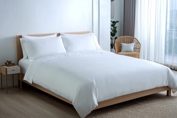 Obraz premium Serene Minimalist Bedroom Interior with White Linen Bed and Natural Light, Tranquil Urban Oasis for Home Decor Blogs and Design Inspiration