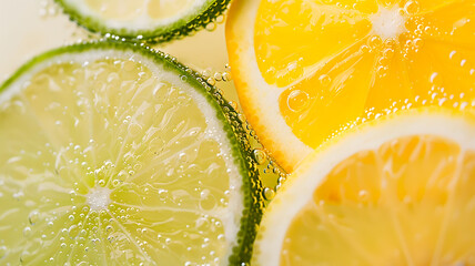 Close-ups of Lemon and Lime Slices Splashing and Dropping into Sparkling Fizzy Water, Refreshing Citrus Burst, and Used in Ads, Social Media, Packaging, Banners, Websites, Menus