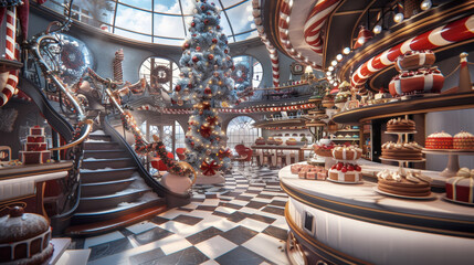 Obraz premium festive Christmas shop filled with delightful decorations, beautifully adorned tree, and array of delicious treats. warm atmosphere invites joy and celebration