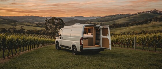 Serene Sunset Adventure White Camper Van in Vineyard Setting with Open Door - Tranquil Travel Concept