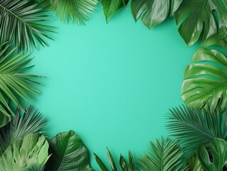 Serene Tropical Greenery Frame on Turquoise - Minimalist Nature Still Life for Wellness and Travel (195 characters)