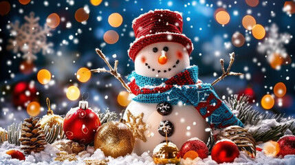 Obraz premium cheerful snowman adorned with colorful scarf and top hat stands amidst festive decorations, creating joyful winter scene filled with snowflakes and holiday spirit