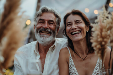 Cheerful senior couple celebrating their wedding on sunny summer day. Happy mature newlyweds laugh, scream with delight, accept congratulations from guests
