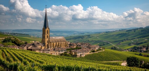 Serenity Amidst Vineyards Stone Church in Rural Panorama with Rolling Hills and Blue Sky - Tranquil Landscape Ideal for Tourism and Calendars