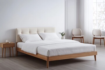 Serenity in Beige Close-Up of Luxurious Wooden Bed Frame with Tufted Headboard, White Bedding, and Soft Lighting in Minimalist Bedroom Interior - Home Decor Concept