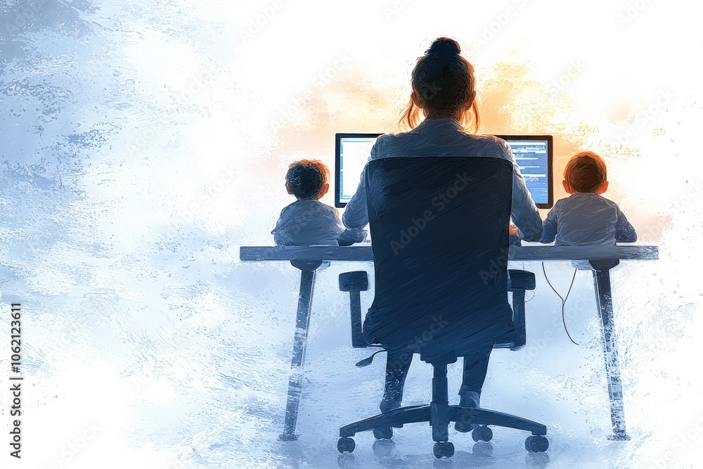 Poster mother balances work and family while coding at computer with children nearby in home office environ