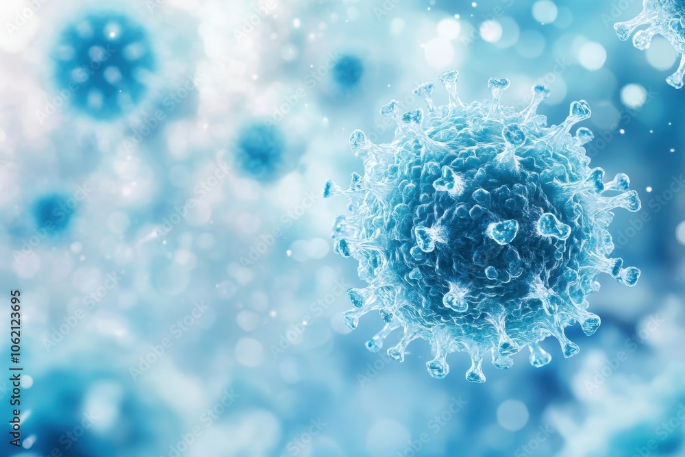 Aufkleber virus particles floating in a microscopic view with a blue and light backdrop