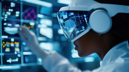 Scientist Interacts with Advanced Virtual Reality Interface to Explore Innovative Data Visualizations for Research and Development