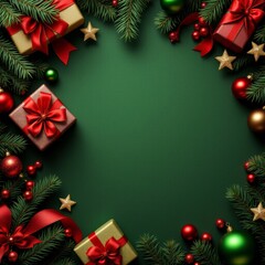 Vintage Christmas background with red and white balls decoration, fir tree branches, candy canes, confetti. Retro Christmas card template.