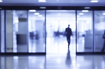 Fototapeta premium Blurry office space with a modern glass door