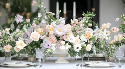 A stunning pastel floral arrangement with soft peach, white, and lavender flowers on an elegant dining table.