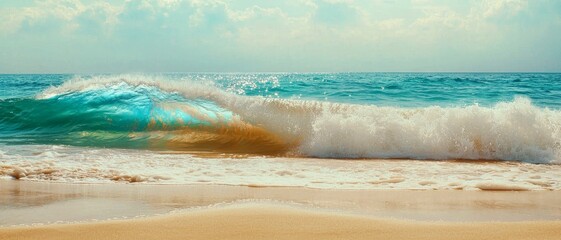 Soothing Tranquility Closeup of Turquoise Wave Breaking on Sandy Beach under Dreamy Sky, Ideal for Relaxation and Coastal Themes