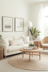 Naklejka premium Sophisticated Modern Living Room with White Sofa and Natural Elements in Light and Airy Setting - Tranquil Interior Design Inspiration