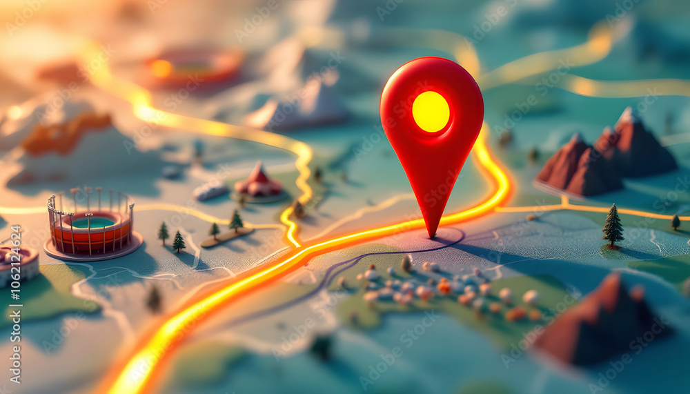 Poster location technology, illuminated map with highlighted network pathways, network lines, symbolizing n