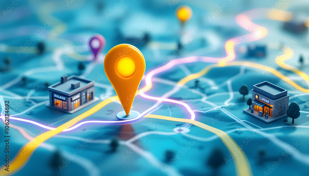 Poster location technology, illuminated map with highlighted network pathways, network lines, symbolizing n