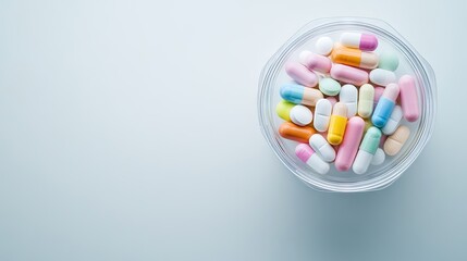Colorful vitamin capsules arranged in a hexagonal box atop a white background showcasing vibrant hues and textures ideal for health promotion