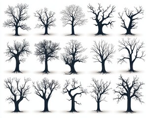 Obraz premium Symmetrical Array of Bare Tree Silhouettes in Monochrome Serenity on White Background - Graphic Design Element for Seasonal Themes and Educational Projects