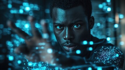 Black Man Touching Digital Network Abstract Tech Background Connectivity