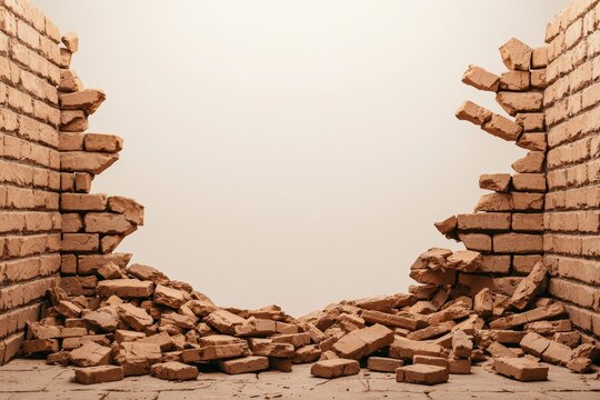 Symmetric Chaos Dramatic Closeup of Broken Brick Wall with Central Void in Interior Setting - Conceptual Fragmentation and Destruction