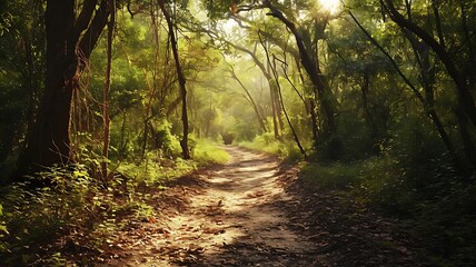 Obraz premium Forest Path Illuminated by Dappled Sunlight in Enchanted Woodland 