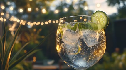 A close-up of a gin and tonic cocktail garnished with cucumber and mint, set against a blurred background of a garden with string lights.

