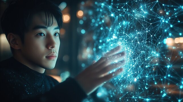 Asian Man Touching Digital Network Abstract Tech Background Connectivity 