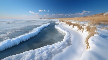 Thawing frozen lake stark divide between ice land symbolizing dramatic climate changes of the Younger Dryas