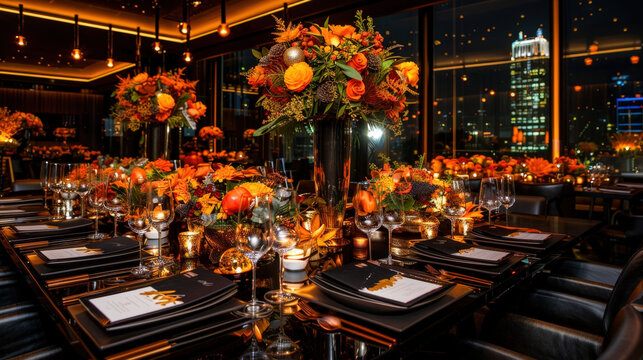 beautifully set dining table adorned with vibrant flowers and candles, creating warm and inviting atmosphere for festive gathering. elegant decor and city skyline enhance celebratory mood