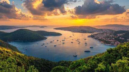 Tranquil Bay at Sunset Panoramic View of Vibrant Cityscape and Forested Hills by the Waterfront - Serene Coastal Landscape with Boats and Golden Sunlight