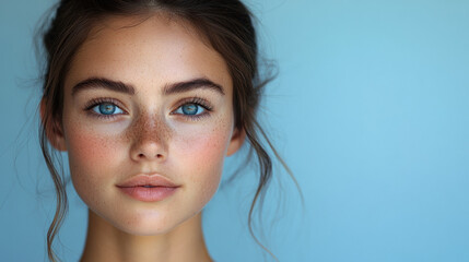 Fototapeta premium Portrait of a young woman with blue eyes and freckles on a blue backdrop