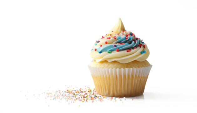 Vanilla cupcake with smooth swirled frosting and sprinkles, isolated on a transparent background, showcasing its vibrant and playful design.