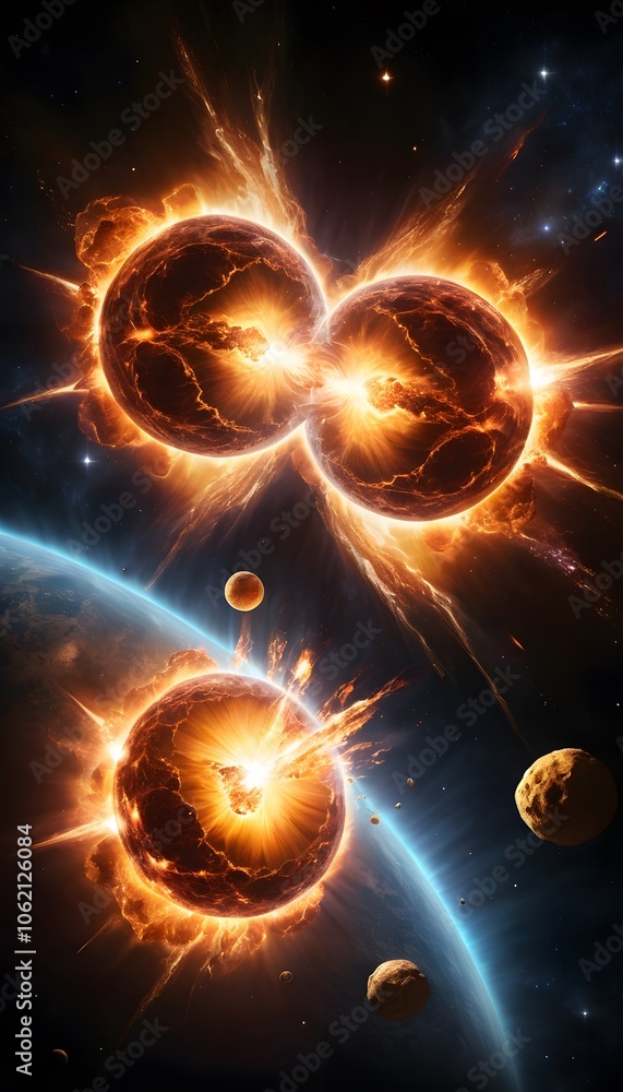 Poster A Dramatic Depiction of Two Large Glowing Objects Colliding Amidst Explosive Light Bursts, Perfect for Sci-Fi and Action-Themed Projects