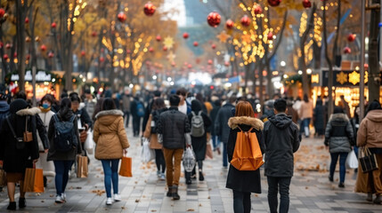 Fototapeta premium bustling Christmas market filled with shoppers enjoying festive atmosphere, surrounded by beautiful lights and decorations. scene captures joy and excitement of holiday season