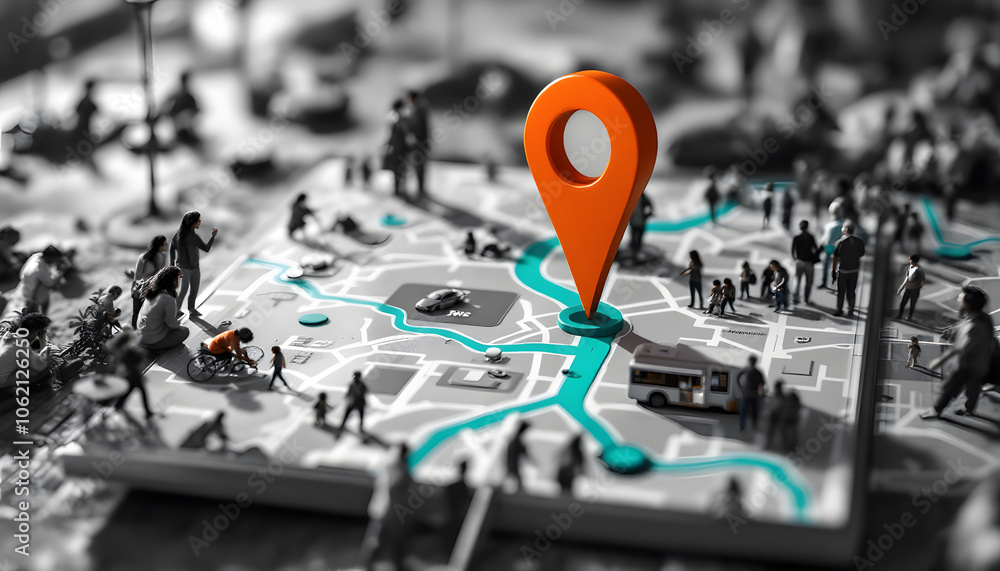 Poster high-tech digital map with glowing location pin and network connections