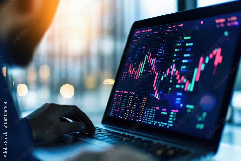 Poster analyst monitors stock market trends through data visualization on laptop interface enhancing financ