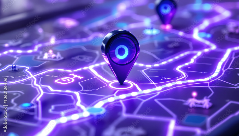 Poster high-tech digital map with glowing location pin and network connections