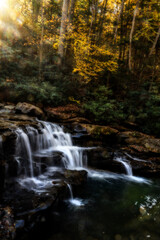 Obraz premium Sunlight filters through a dense forest, illuminating the autumn foliage and a small cascading waterfall. The tranquil scene captures the gentle flow of water over dark rock