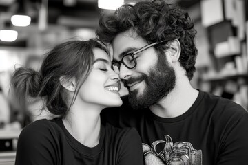 Simple 2D drawing of two people smiling at each other from across a room, capturing the sweet and understated nature of romantic interest, symbolizing connection and admiration