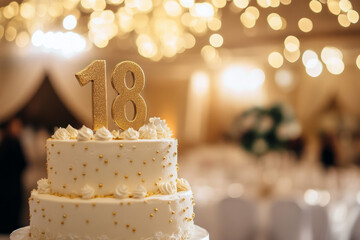 Elegant birthday cake with golden 18 decoration in a festive ballroom setting