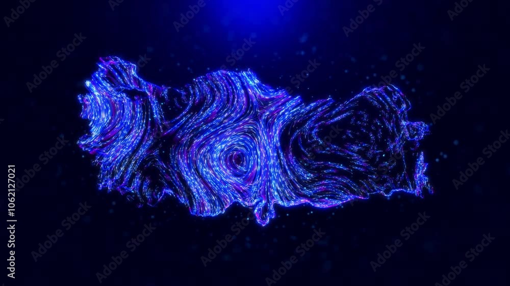 Poster abstract motion view turkey map design, featuring glowing blue hairlines, dynamic flowing patterns, 